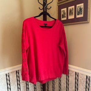 Talbots Slub Cotton Cherry Red Cut Out Flower Long Sleeve Sweatshirt Top 1X Plus